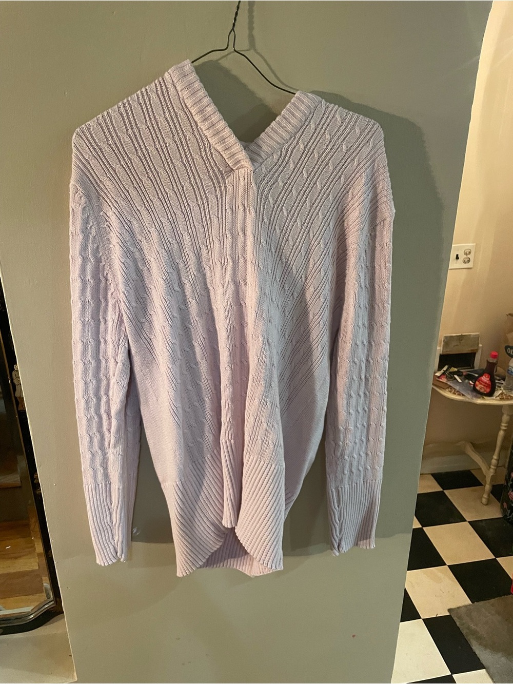 Light pink Barclay Square Cable Knit V-Neck hooded Sweater